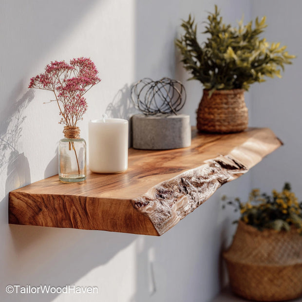 Rustic wood floating shelves built from thick slabs with aged texture and wall mounted support, designed for warm toned farmhouse or cabin walls