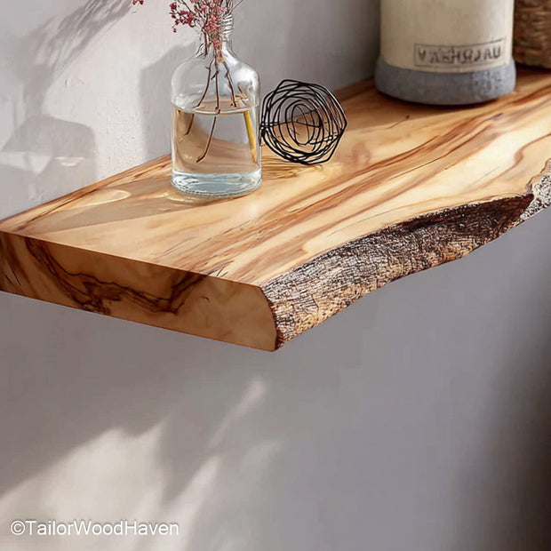 Reclaimed wood wall shelf made from salvaged timber with unique grain patterns and a floating mount, ideal for farmhouse or eco friendly homes