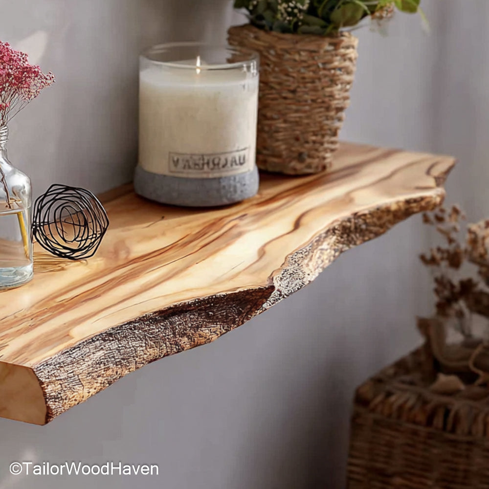 Reclaimed wood wall shelf made from salvaged timber with unique grain patterns and a floating mount, ideal for farmhouse or eco friendly homes