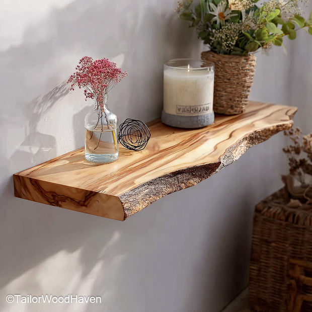 Reclaimed wood wall shelf made from salvaged timber with unique grain patterns and a floating mount, ideal for farmhouse or eco friendly homes