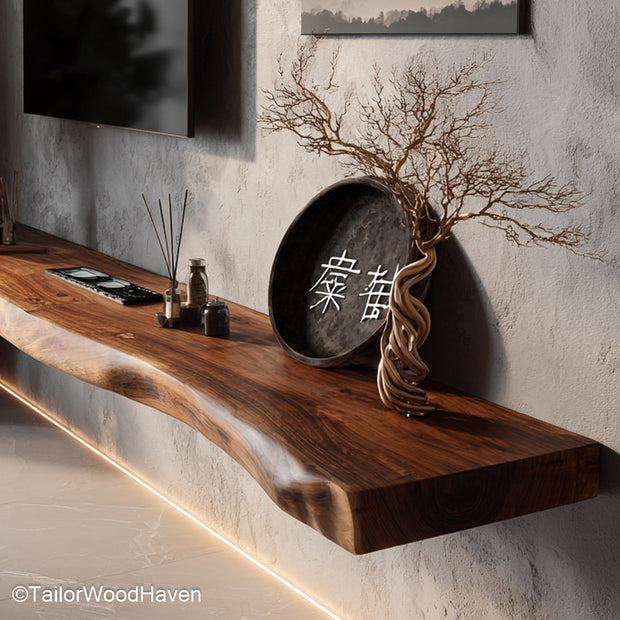 Big floating shelves with oversized depth and thickness, ideal for holding heavy decor or books in living rooms or entryways