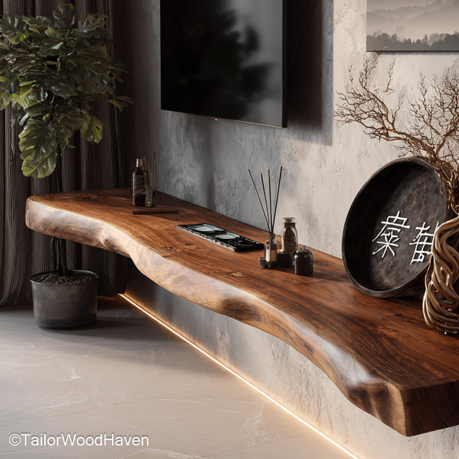 Big floating shelves with oversized depth and thickness, ideal for holding heavy decor or books in living rooms or entryways