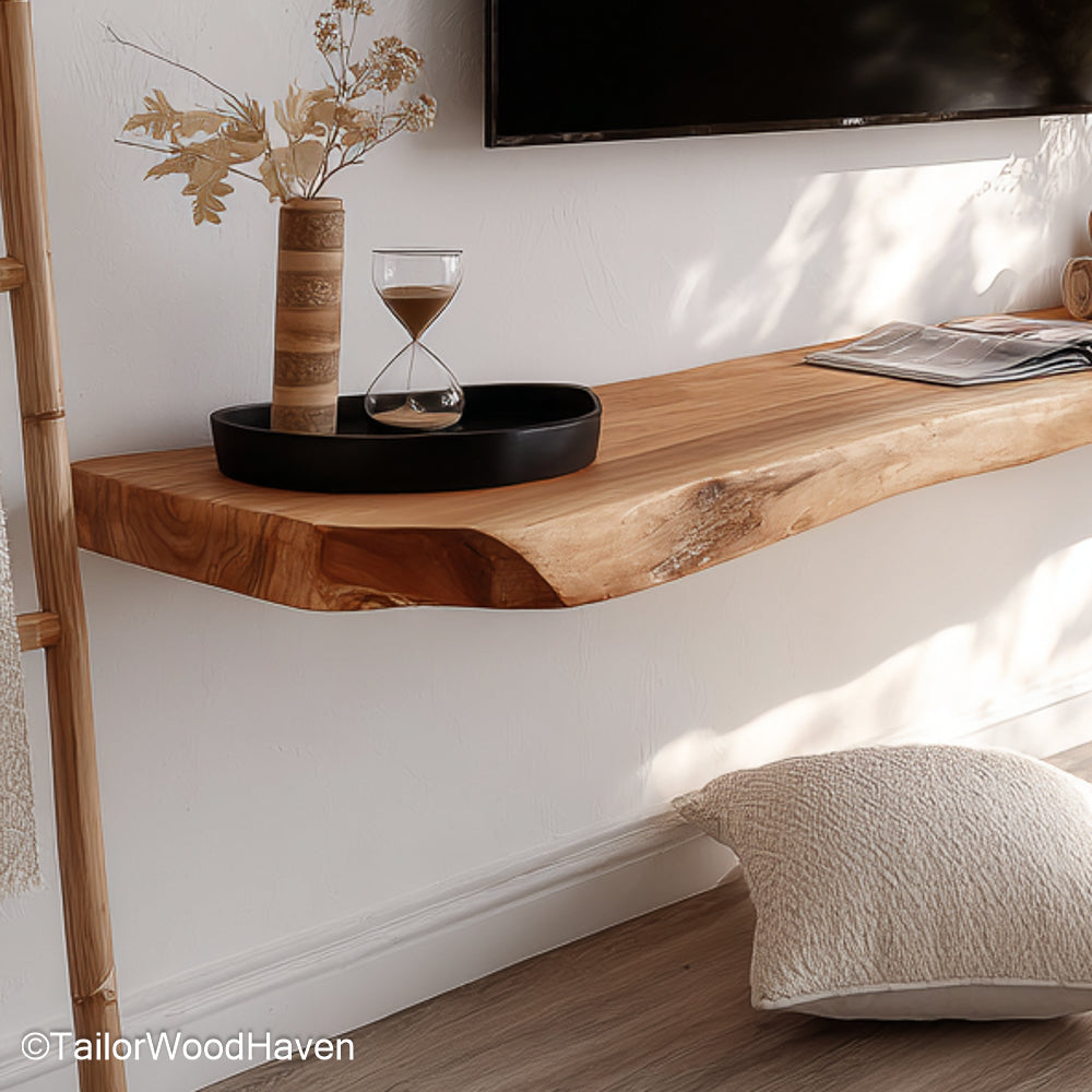 Contemporary floating shelves in a sleek wood finish and streamlined form, great for modern living rooms or open concept spaces