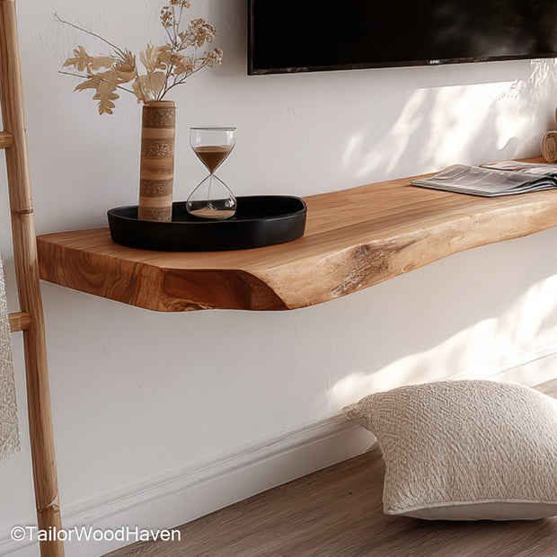 Contemporary floating shelves in a sleek wood finish and streamlined form, great for modern living rooms or open concept spaces