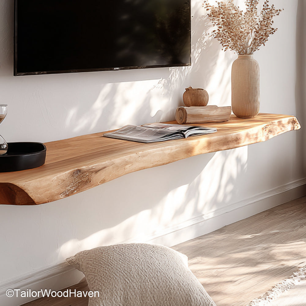Contemporary floating shelves in a sleek wood finish and streamlined form, great for modern living rooms or open concept spaces