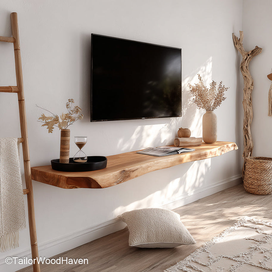 Contemporary floating shelves in a sleek wood finish and streamlined form, great for modern living rooms or open concept spaces