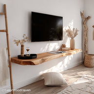 Contemporary floating shelves in a sleek wood finish and streamlined form, great for modern living rooms or open concept spaces