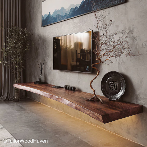 Black floating shelves with minimalist design and strong support, perfect for bold interior contrasts in contemporary living rooms or offices