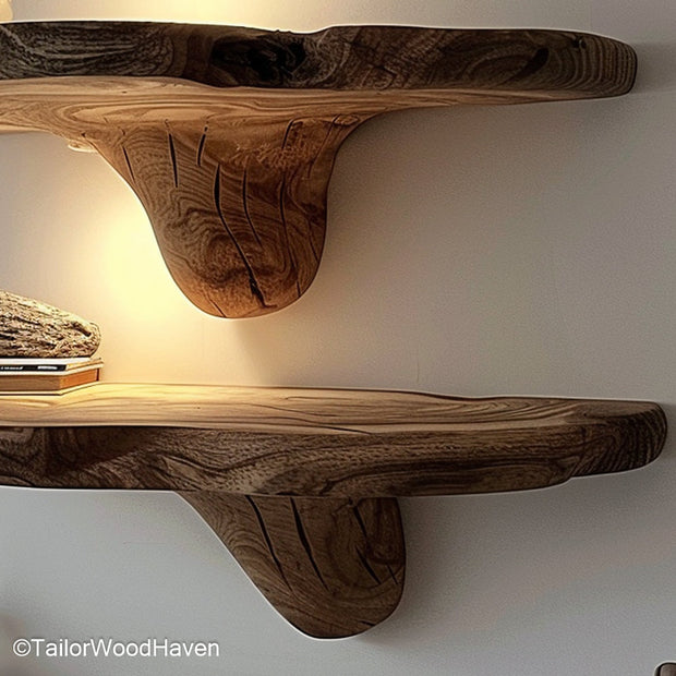 Brown floating shelves in natural earthy tones with a smooth oil finish, blending well into traditional or rustic home interiors