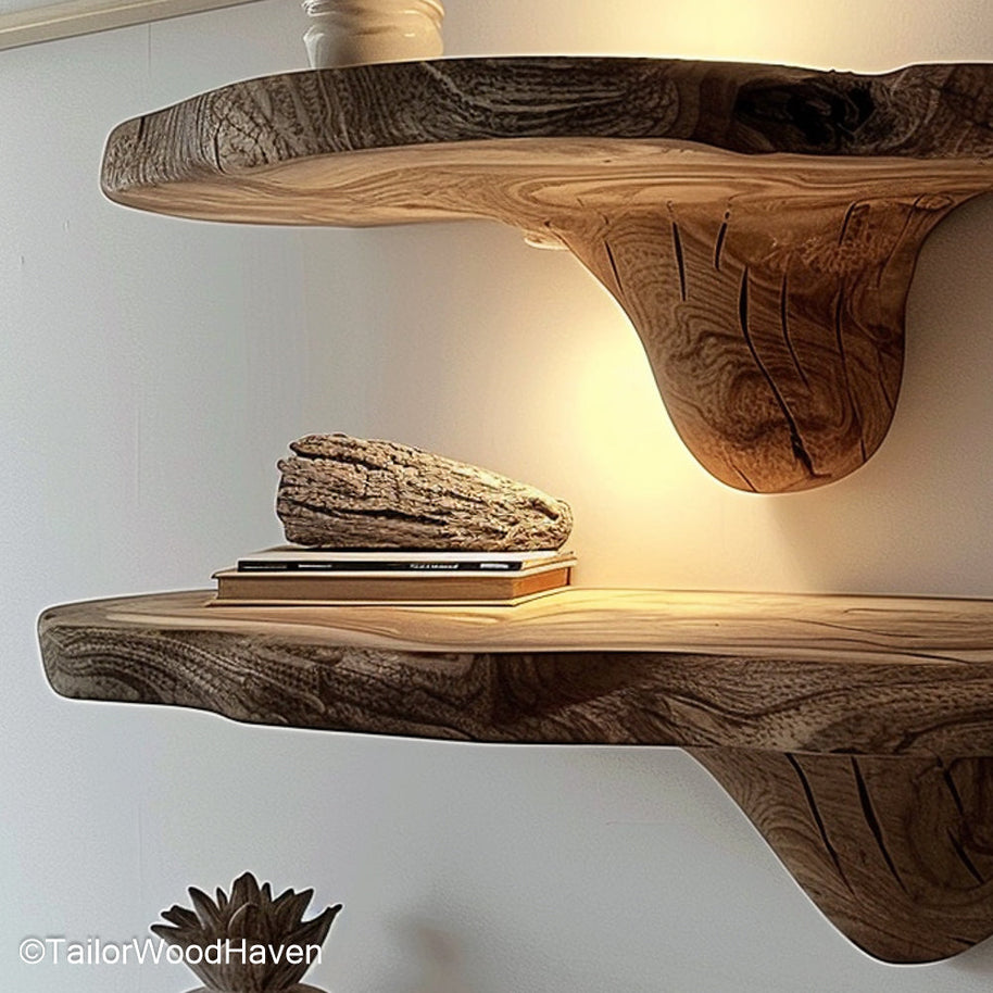 Brown floating shelves in natural earthy tones with a smooth oil finish, blending well into traditional or rustic home interiors