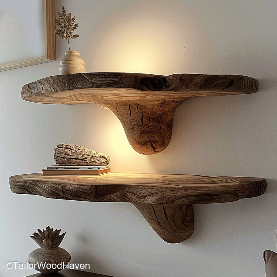 Brown floating shelves in natural earthy tones with a smooth oil finish, blending well into traditional or rustic home interiors