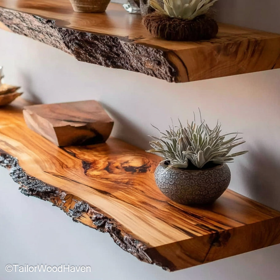 Mid century modern floating shelves featuring angled lines and natural finishes, perfect for vintage inspired or minimalist decor
