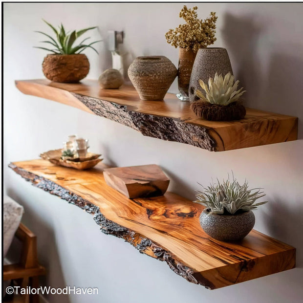 Mid century modern floating shelves featuring angled lines and natural finishes, perfect for vintage inspired or minimalist decor