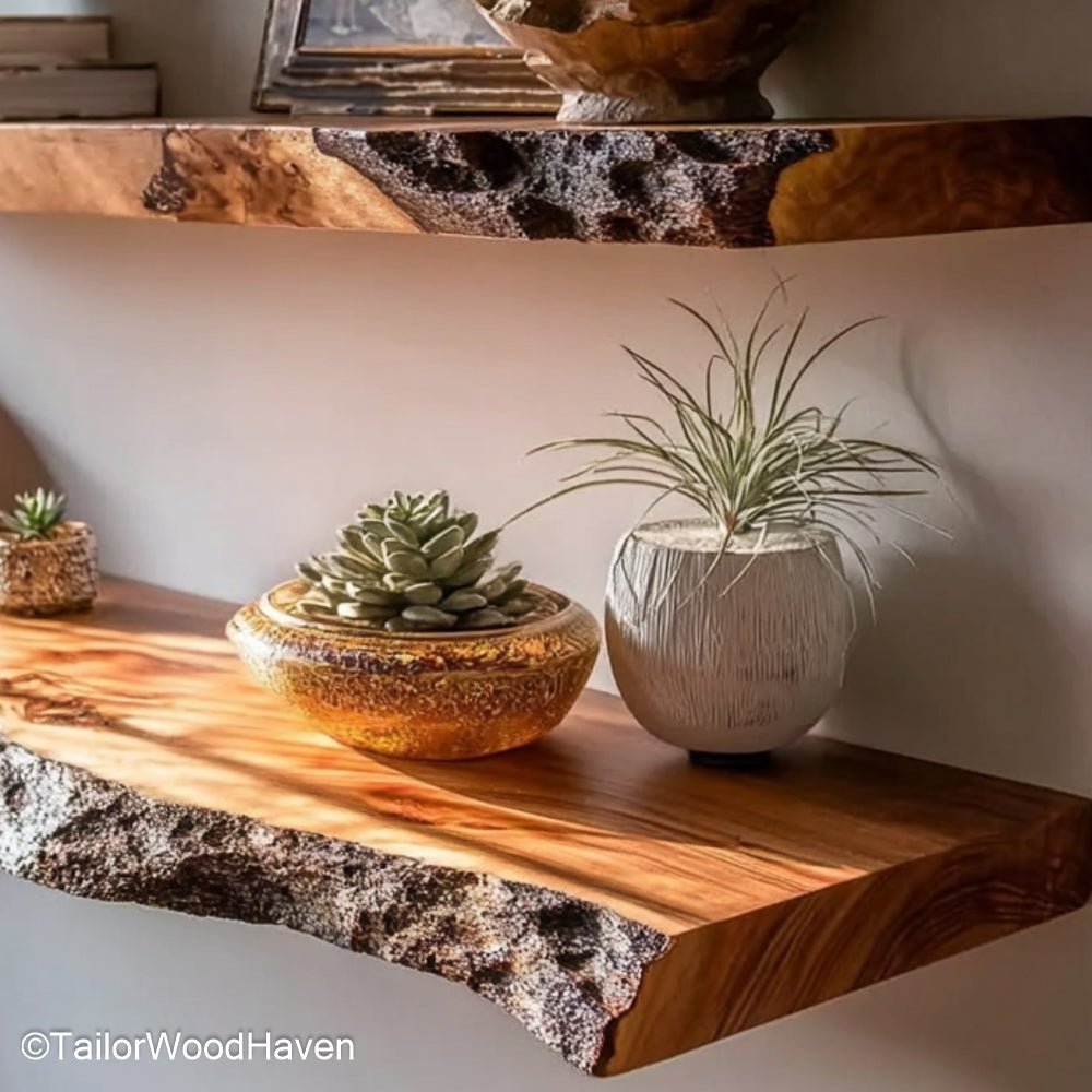 Heavy duty floating shelves crafted from solid wood with concealed brackets and reinforced hardware for maximum weight capacity