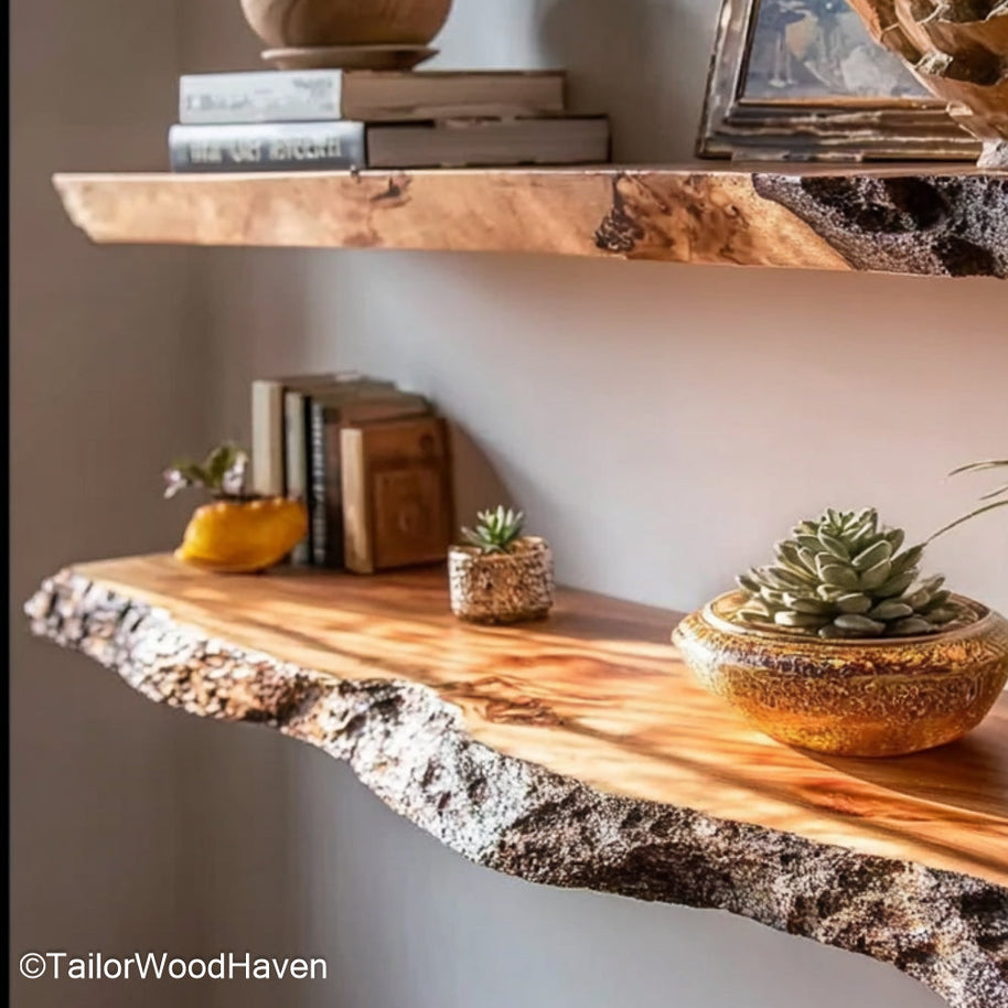 Heavy duty floating shelves crafted from solid wood with concealed brackets and reinforced hardware for maximum weight capacity
