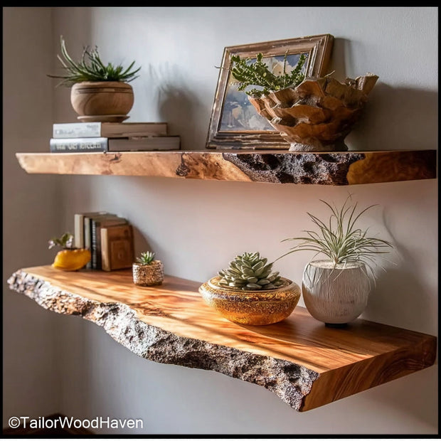 Heavy duty floating shelves crafted from solid wood with concealed brackets and reinforced hardware for maximum weight capacity