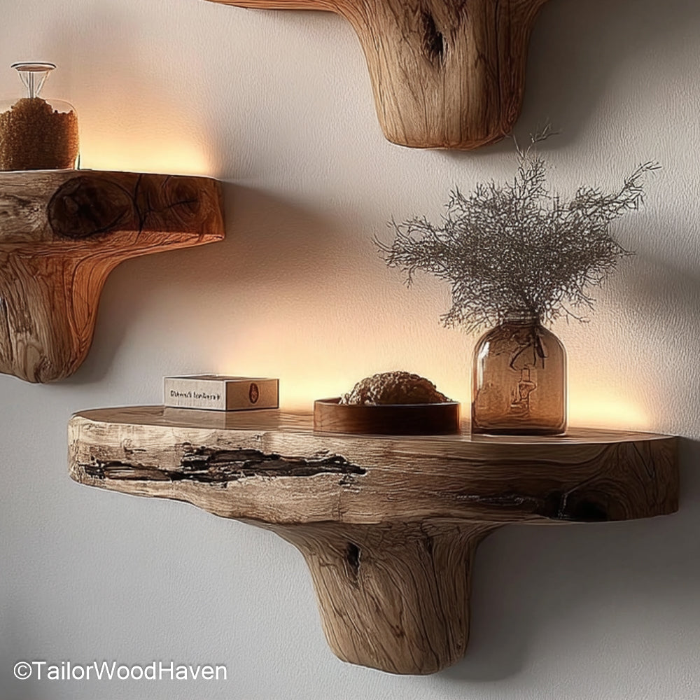Thick floating shelves with 2 inch wood profile for bold visual presence and extra support in living rooms, kitchens, or studios