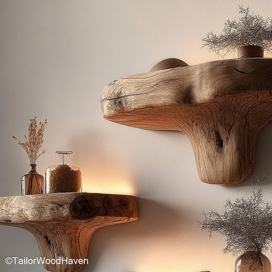 Thick floating shelves with 2 inch wood profile for bold visual presence and extra support in living rooms, kitchens, or studios