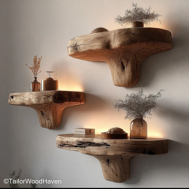 Thick floating shelves with 2 inch wood profile for bold visual presence and extra support in living rooms, kitchens, or studios