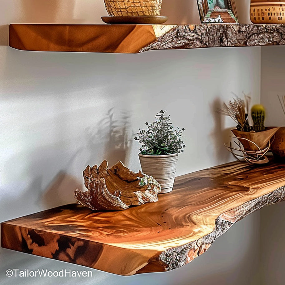 Bathroom floating shelves crafted with sealed wood for moisture resistance, perfect for holding candles, towels, or self care essentials