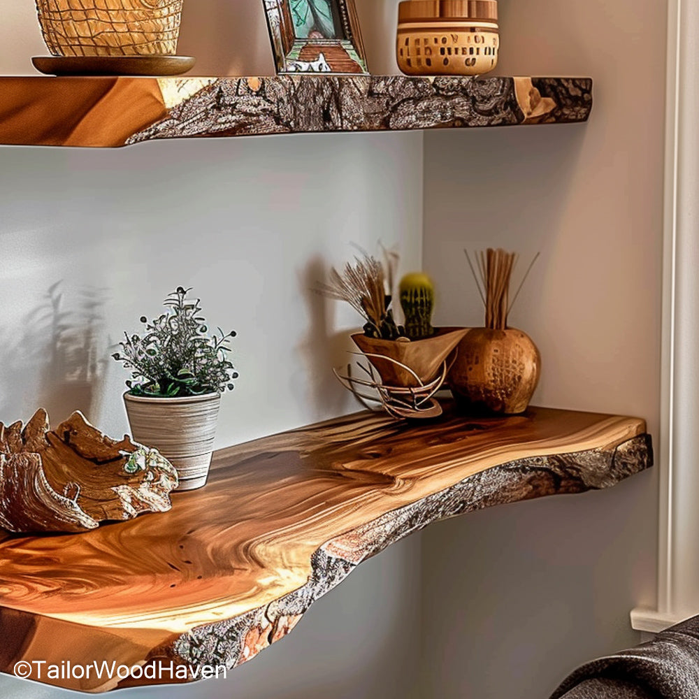 Bathroom floating shelves crafted with sealed wood for moisture resistance, perfect for holding candles, towels, or self care essentials