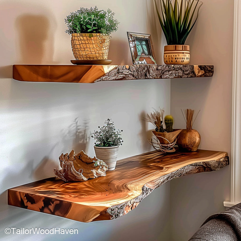 Bathroom floating shelves crafted with sealed wood for moisture resistance, perfect for holding candles, towels, or self care essentials