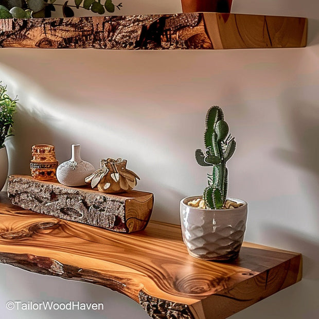 Floating shelves over toilet in compact form with depth clearance for bathroom essentials, candles, plants, or storage baskets
