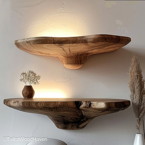 LED floating shelves with hidden lighting, perfect for ambient glow in modern interiors, bedrooms, or media wall displays