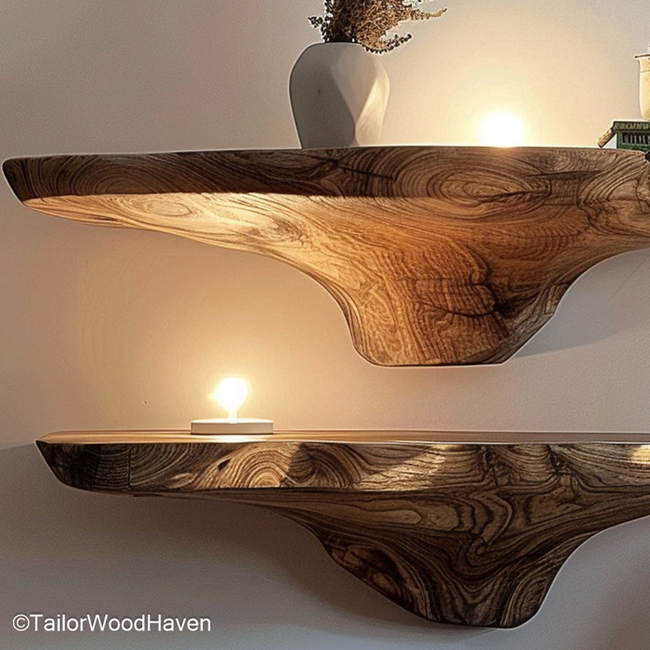 Modern floating shelves with sleek edges and invisible mounting, ideal for contemporary decor in any stylish living space