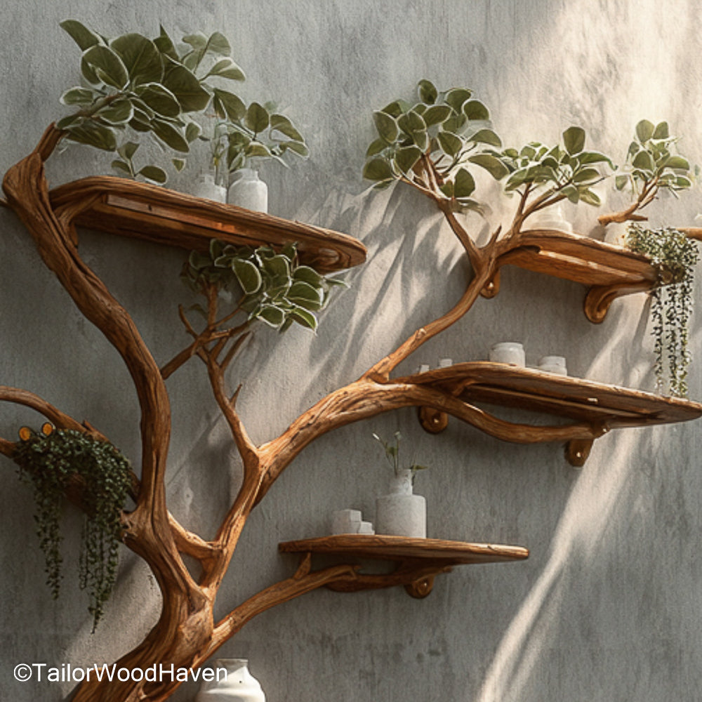Nature Inspired Tree Branch Shaped Bookshelf Wall Floating Wooden Bookshelf for Living Room or Bedroom