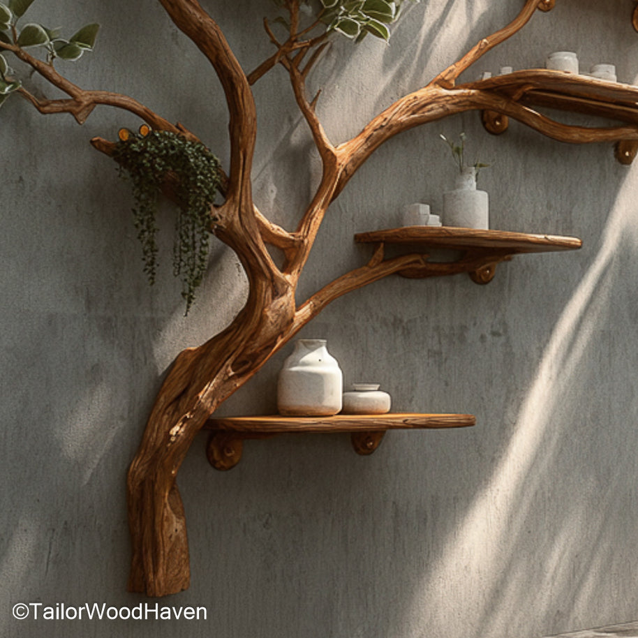 Nature Inspired Tree Branch Shaped Bookshelf Wall Floating Wooden Bookshelf for Living Room or Bedroom