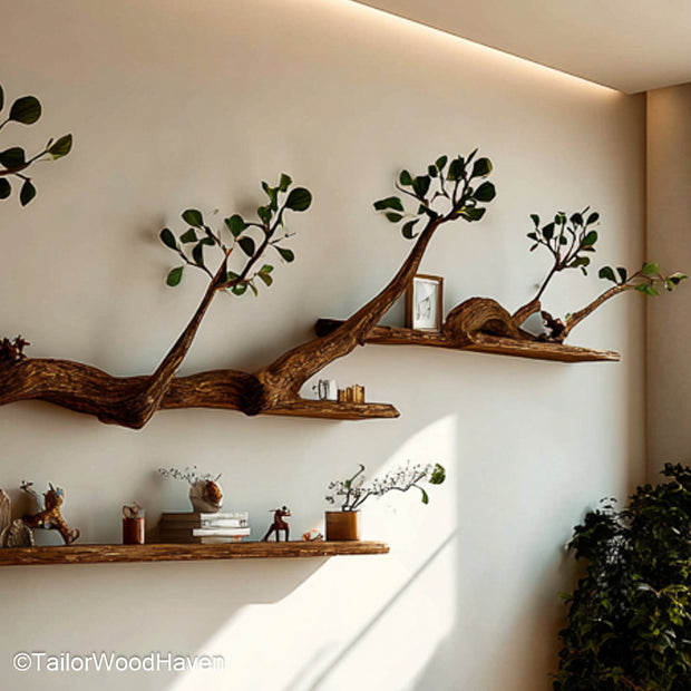 Tree Bookshelf Floating Wall Shelf Handcrafted Natural Wood Shelf in Tree Design for Home Library