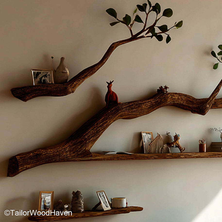 Tree Bookshelf Floating Wall Shelf Handcrafted Natural Wood Shelf in Tree Design for Home Library