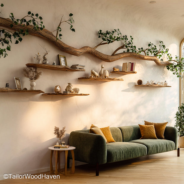 Handmade Tree Limb Shelf Rustic Wooden Wall Shelf Shaped Like a Tree Limb for Nature Inspired Interiors