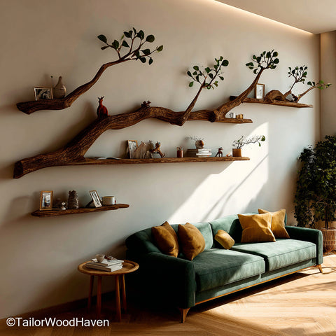 Tree Bookshelf Floating Wall Shelf Handcrafted Natural Wood Shelf in Tree Design for Home Library