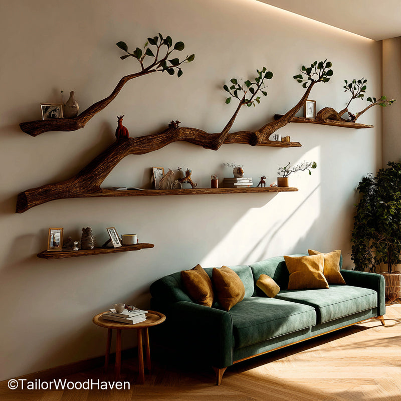 Tree Bookshelf Floating Wall Shelf Handcrafted Natural Wood Shelf in Tree Design for Home Library