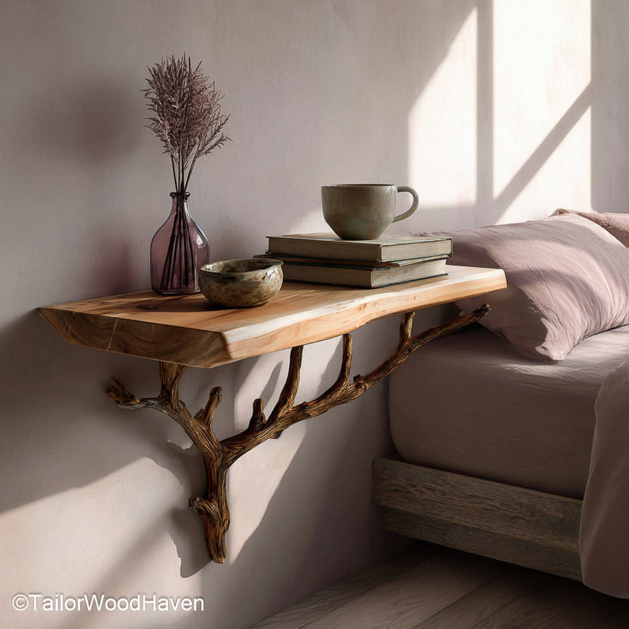 Wall Mounted Bedside Table crafted from natural wood with a clean and compact form, ideal for saving space while adding warmth to your bedroom wall