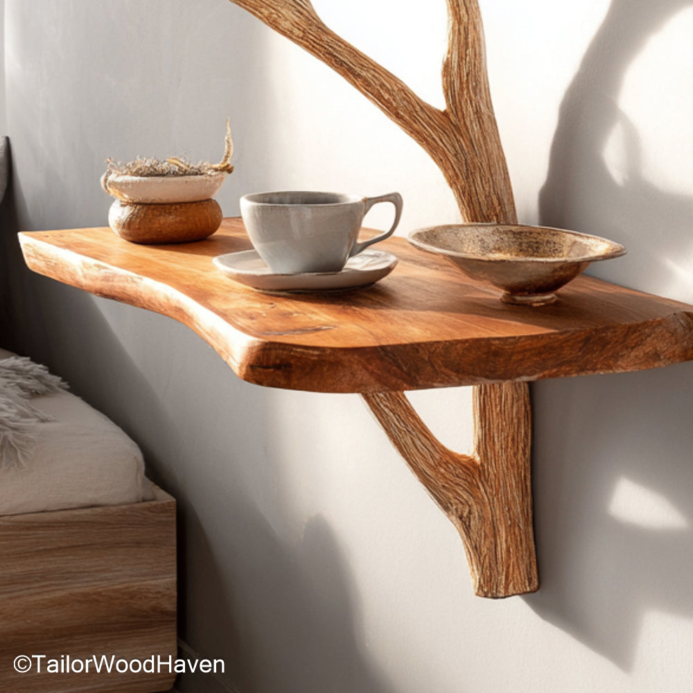 Floating Side Table designed with a sleek wooden surface and hidden mounting, offering a stylish and functional wall shelf for any bedroom or hallway