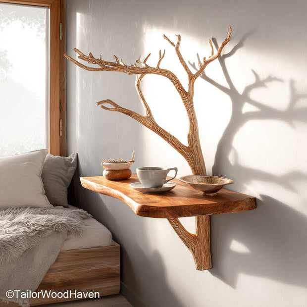 Floating Side Table designed with a sleek wooden surface and hidden mounting, offering a stylish and functional wall shelf for any bedroom or hallway