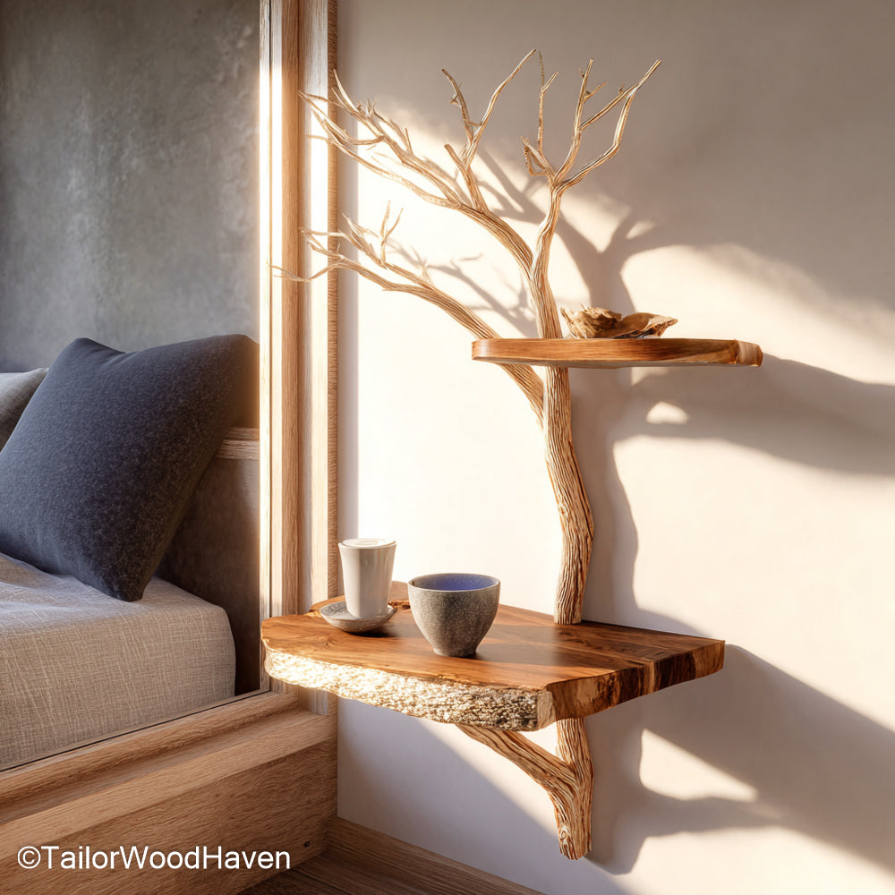 Mounted Nightstand made from solid wood with a clean floating profile and strong wall support, perfect for rustic or modern compact bedroom spaces