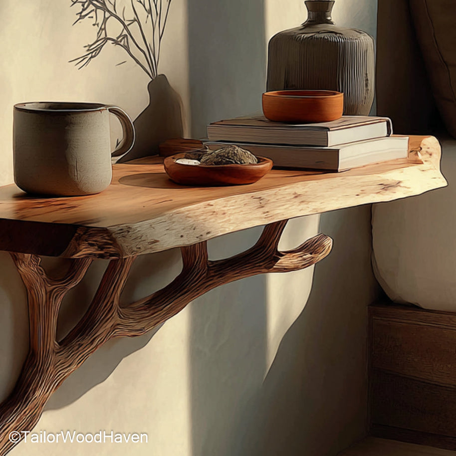 Floating Bedside Shelf built from real wood with a space saving silhouette and organic texture, perfect for cozy bedrooms or guest rooms