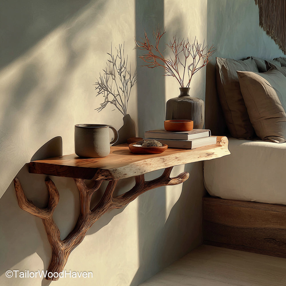 Floating Bedside Shelf built from real wood with a space saving silhouette and organic texture, perfect for cozy bedrooms or guest rooms