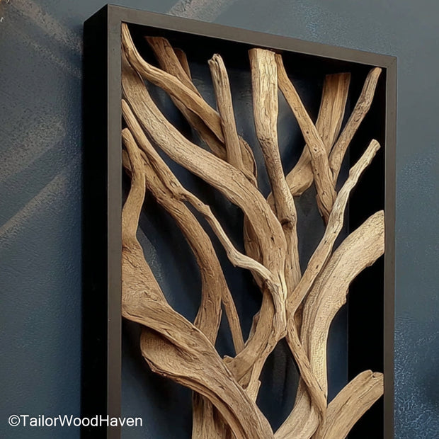 Drift Wood Wall sculpture made from natural ocean-collected driftwood, arranged in a textured wall display perfect for rustic or coastal interiors