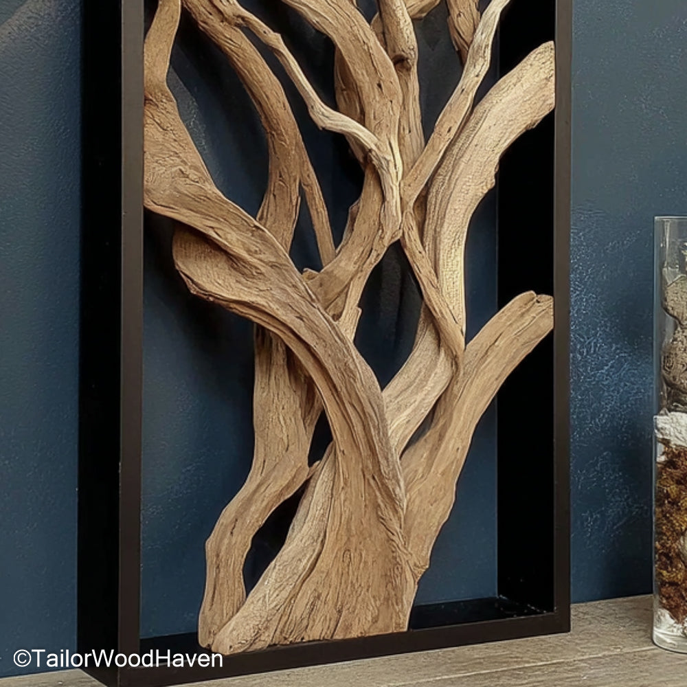 Drift Wood Wall sculpture made from natural ocean-collected driftwood, arranged in a textured wall display perfect for rustic or coastal interiors