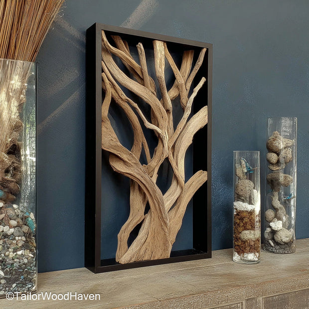 Drift Wood Wall sculpture made from natural ocean-collected driftwood, arranged in a textured wall display perfect for rustic or coastal interiors