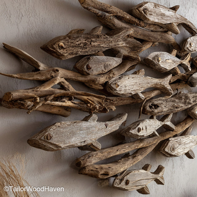 Coastal Driftwood Wall Decor made from hand selected driftwood with light tones and airy structure, perfect for beach themed or boho interiors