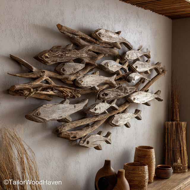 Coastal Driftwood Wall Decor made from hand selected driftwood with light tones and airy structure, perfect for beach themed or boho interiors