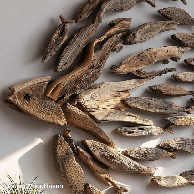 Driftwood Fish Wall Decor featuring sculpted fish shapes made from natural beach wood, perfect for adding nautical character to wall mounted displays