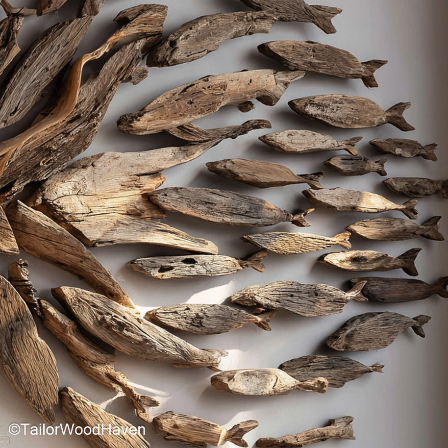 Driftwood Fish Wall Decor featuring sculpted fish shapes made from natural beach wood, perfect for adding nautical character to wall mounted displays