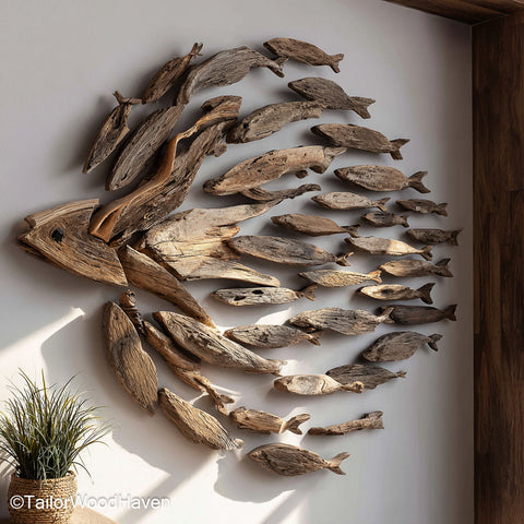 Driftwood Fish Wall Decor featuring sculpted fish shapes made from natural beach wood, perfect for adding nautical character to wall mounted displays